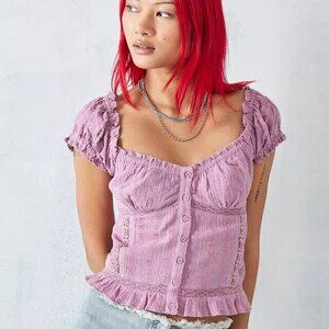 BDG Ruched Prairie Blouse Urban Lace Femme Button Ruffle Pink Crop Top L